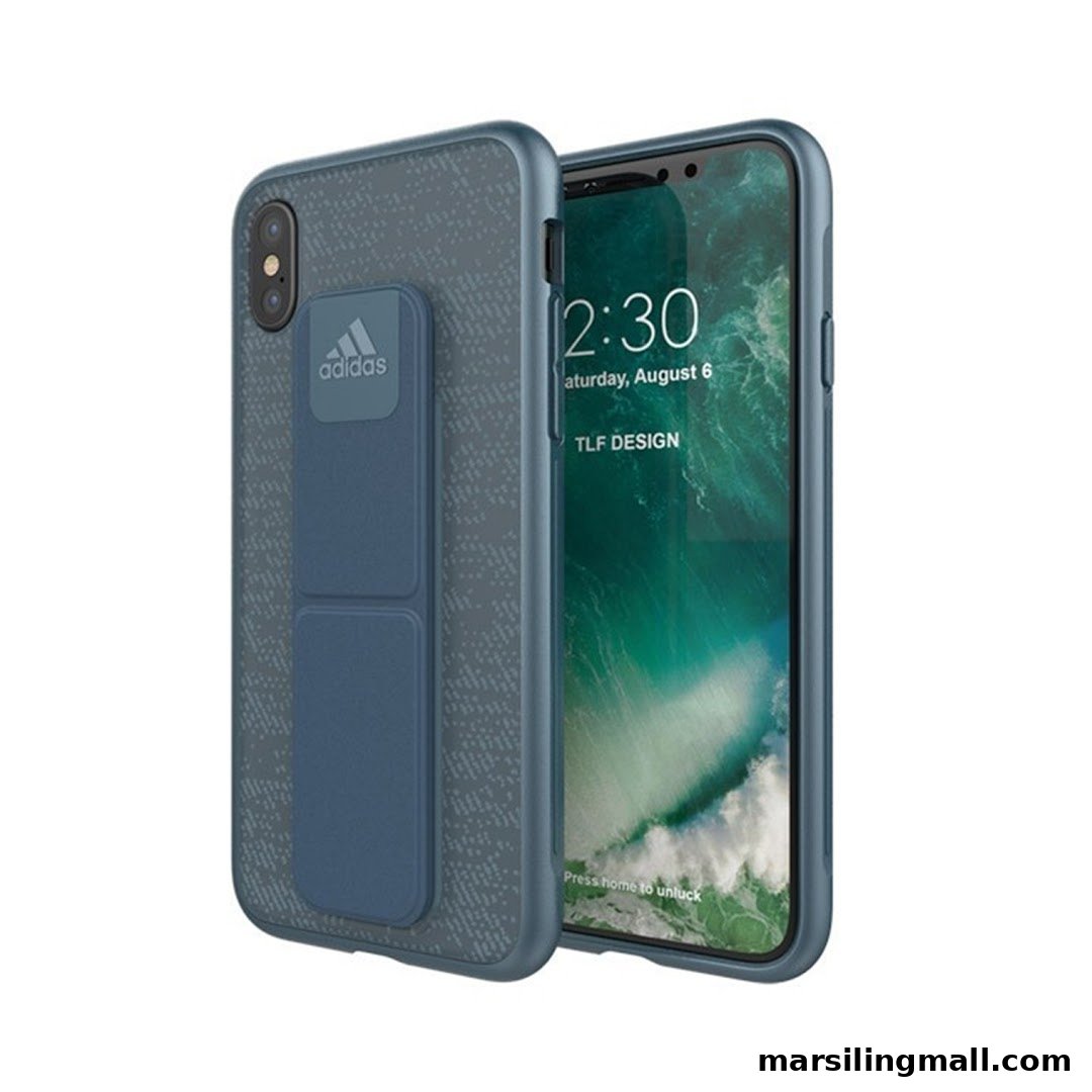 A smartphone featuring a blue Adidas-branded protective case with a card holder.