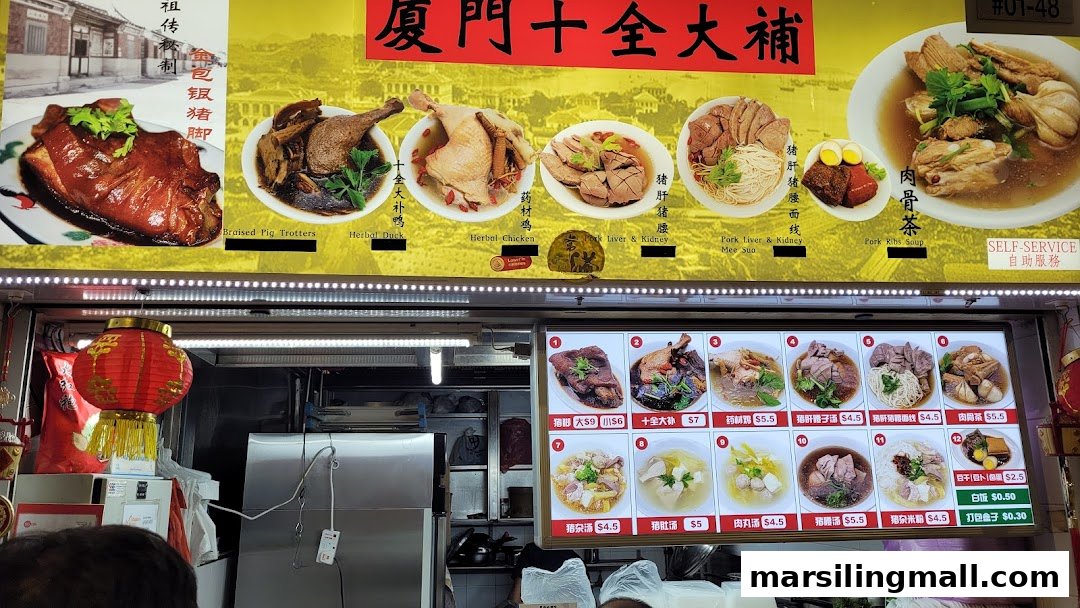 A vibrant menu display showcasing traditional Chinese herbal soups and braised dishes with prices.