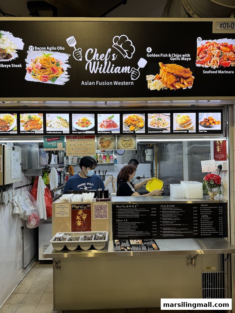 A hawker stall named Chef's William, featuring a wide array of Western and Asian fusion dishes.
