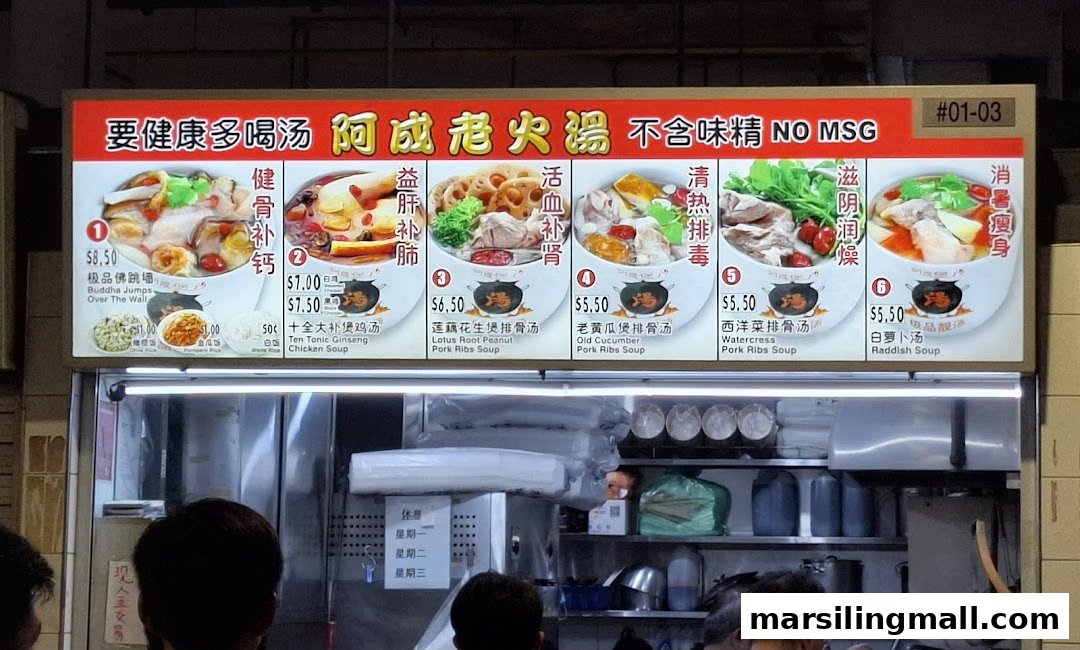 A vibrant menu board displaying various traditional Chinese soups with prices and descriptions.