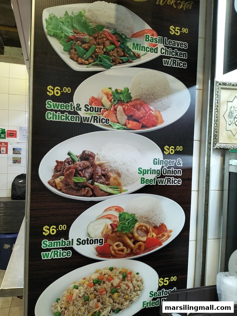 A vibrant menu board showcasing various Asian dishes with rice and their prices.