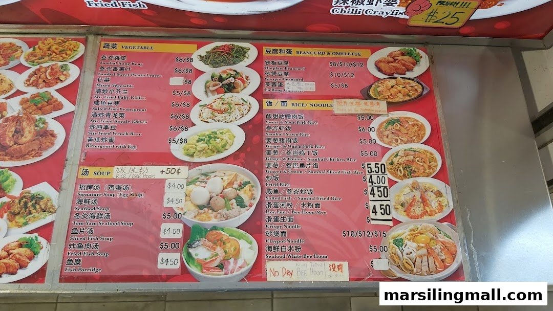 A vibrant menu board displaying a variety of Chinese dishes with prices and images.