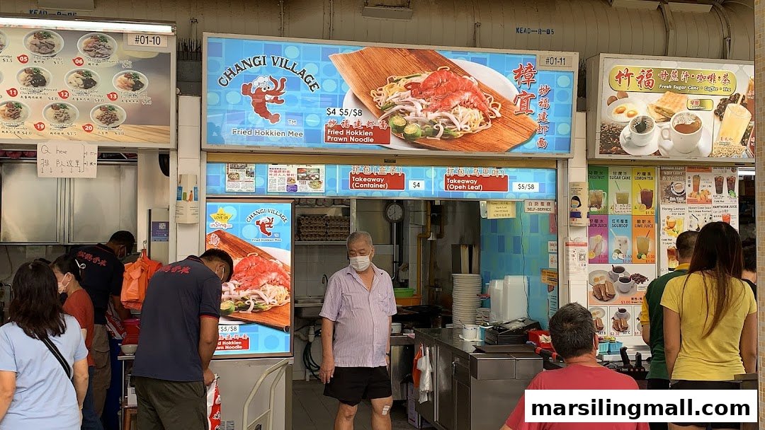 A vibrant hawker centre scene featuring food stalls, customers, and various menu displays.