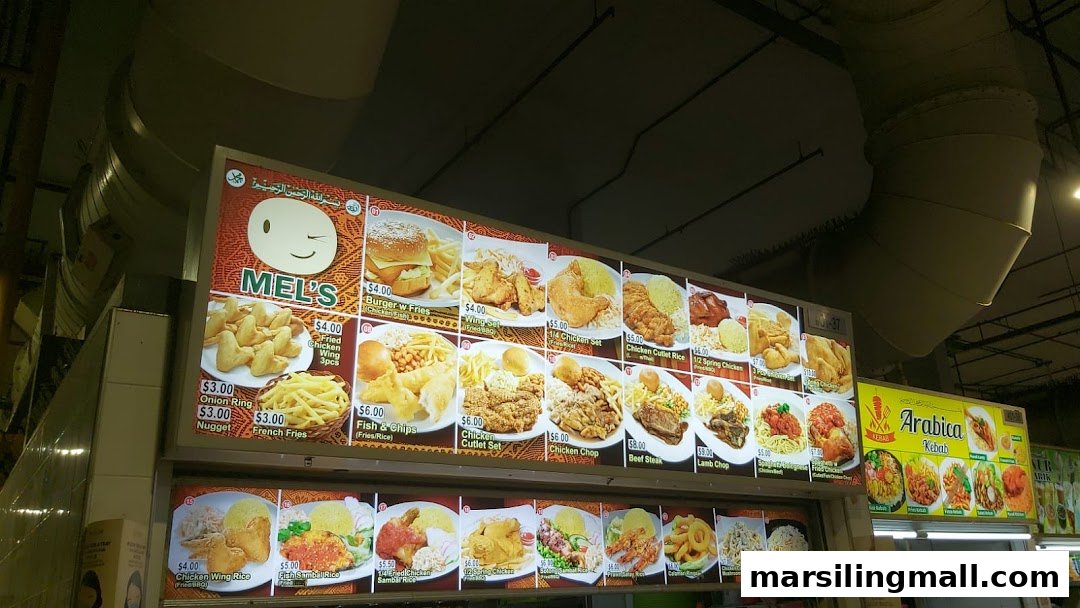 A brightly lit menu board displaying various Western and local dishes with prices from MEL'S.