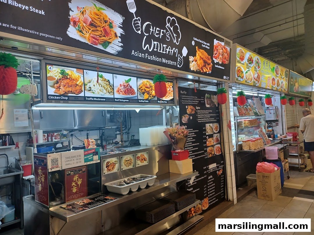 A hawker stall named Chef's William offering Asian Fusion Western cuisine with visible menu boards.