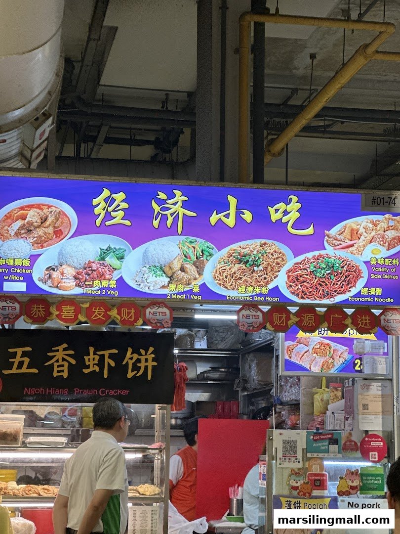 A vibrant hawker stall signboard displaying various local dishes and a customer.