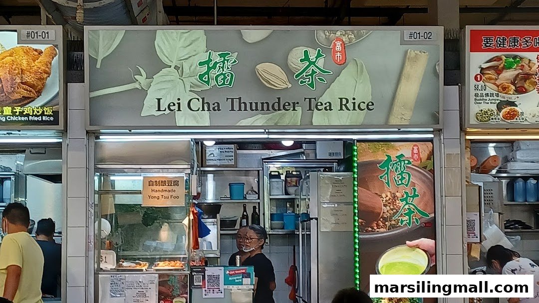 A hawker stall front specializing in Lei Cha Thunder Tea Rice and Handmade Yong Tau Foo.