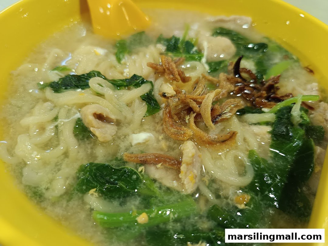 A close-up of a bowl of soupy noodles with vegetables, meat, and crispy fried anchovies.