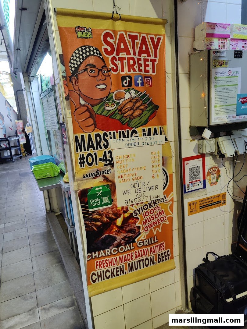 A vibrant banner for Satay Street, showcasing their menu, prices, and delivery options.