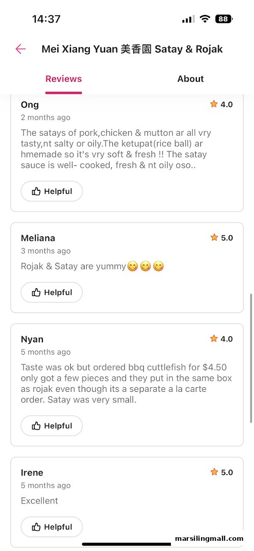 A mobile screen displaying customer reviews for Mei Xiang Yuan Satay & Rojak, highlighting food feedback.