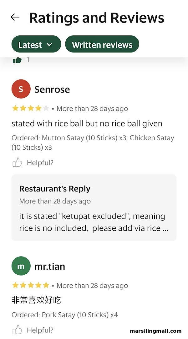A screen displaying customer reviews and the restaurant's replies regarding satay orders.