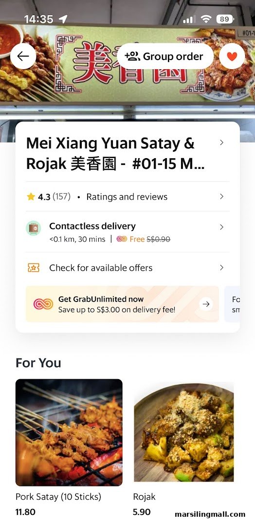 A mobile app interface showcasing Mei Xiang Yuan Satay & Rojak's popular dishes and delivery options.