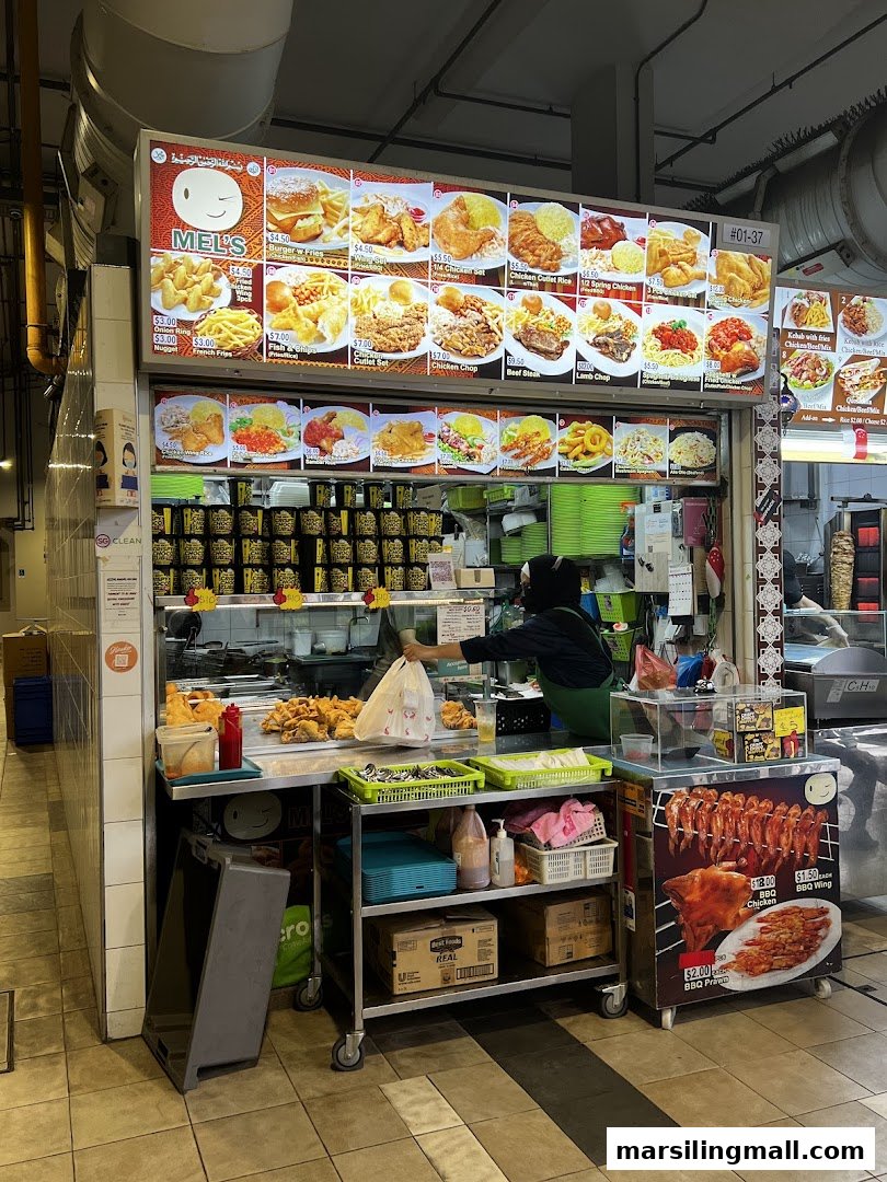 A bustling food stall named Mel's Western, showcasing a vibrant menu board with various Western and local dishes.