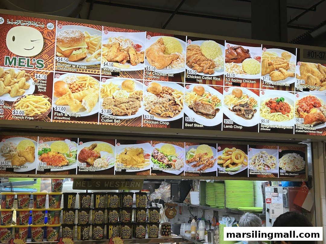 A vibrant menu board displaying various Western and local fusion dishes with prices at Mel's Western.