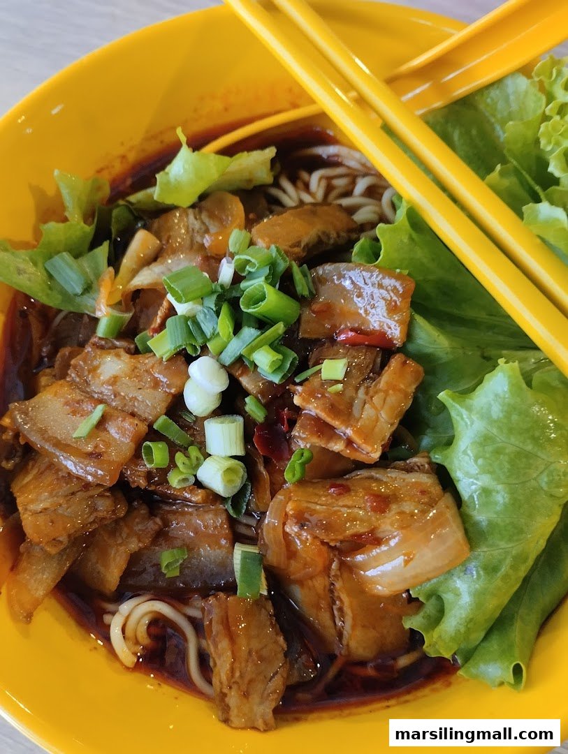 A vibrant bowl of noodles topped with savory braised pork belly, fresh lettuce, and green onions.