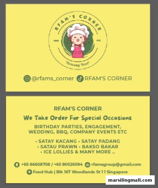 A yellow business card for RFam's Corner, detailing catering services and contact information.