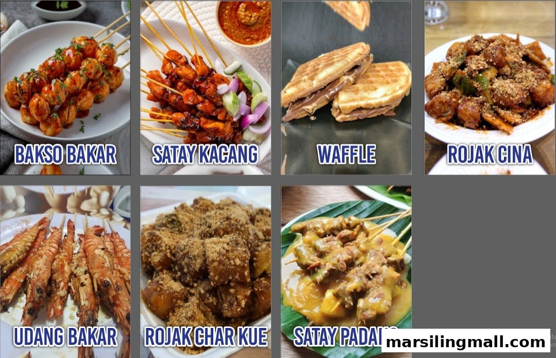 A collage showcasing various delicious food items offered, including satay, rojak, bakso, and waffles.