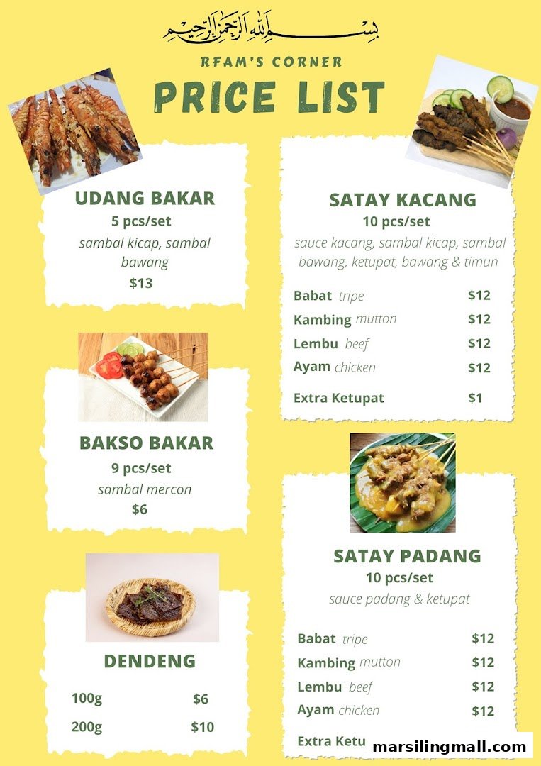 A vibrant price list featuring various Indonesian grilled dishes and satay from RFams Satay.