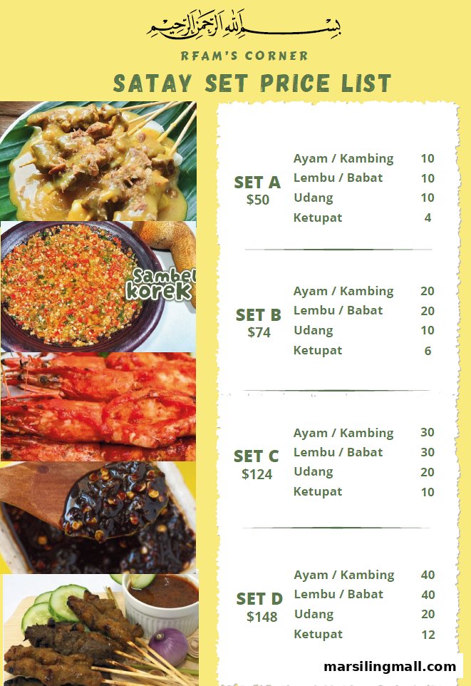 A vibrant menu displaying various satay sets with prices and accompanying images of dishes like satay, sambal, and grilled prawns.