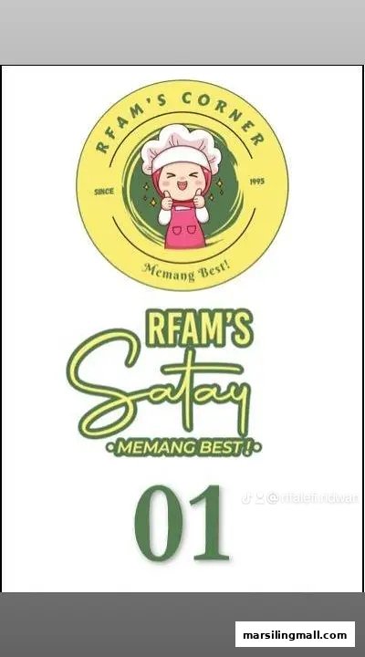 The image displays the vibrant logo and branding for RFam's Satay, featuring a cheerful chef character.
