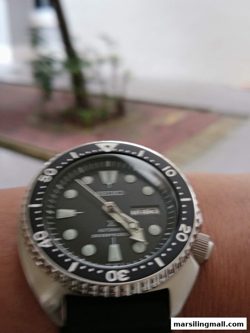 A close-up of a Seiko automatic diver's watch on a wrist.