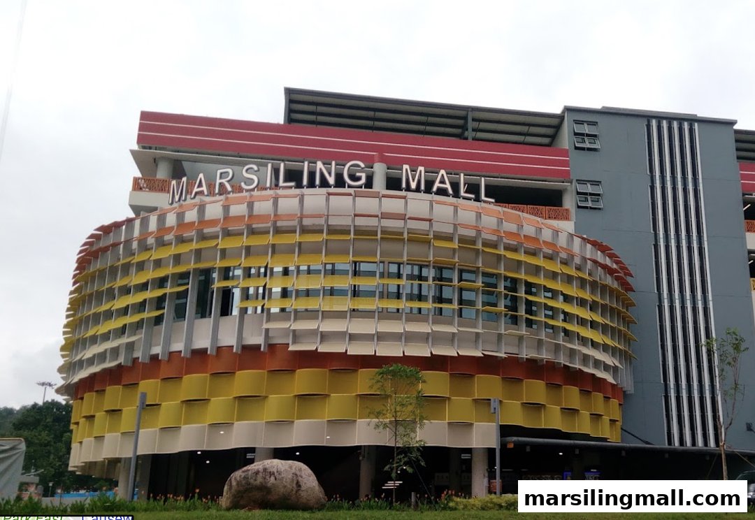 The vibrant, multi-colored facade of Marsiling Mall under a cloudy sky.