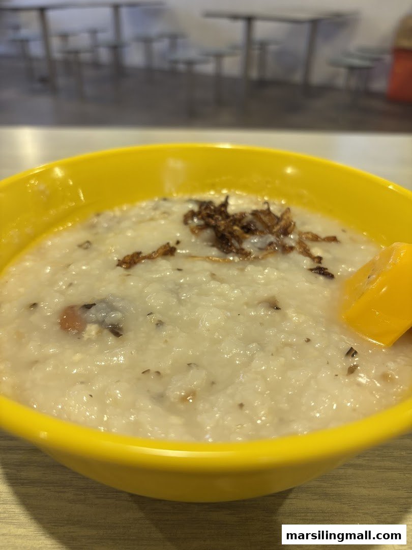 A close-up of a bowl of savory porridge topped with crispy fried shallots and other ingredients.