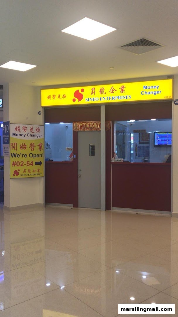The storefront of Sineo Enterprises Money Changer, featuring a bright yellow sign and an 'open' status.