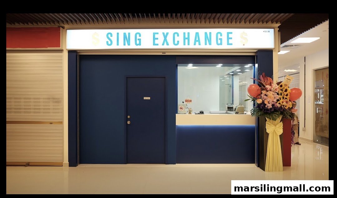 The storefront of Sing Exchange Money Changer, featuring a blue facade and a grand floral arrangement.