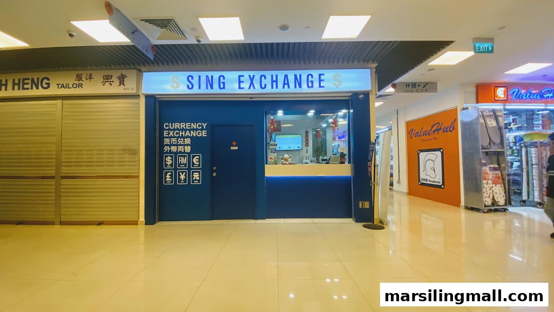 The storefront of Sing Exchange Money Changer, offering currency exchange services.