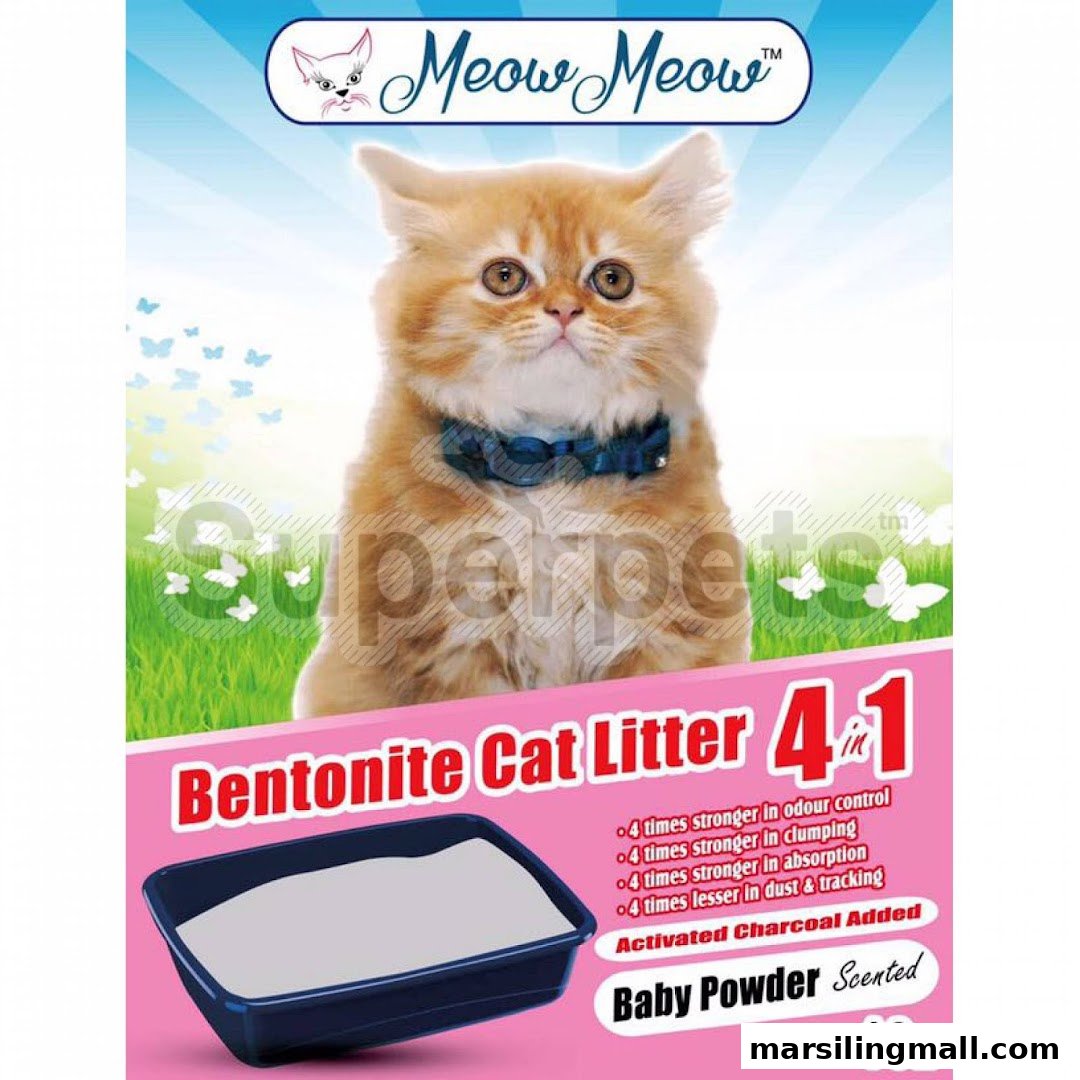 An advertisement for Meow Meow Bentonite Cat Litter featuring a cute cat and product benefits.