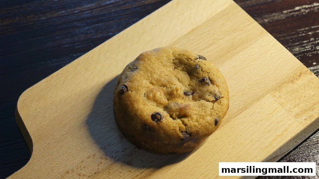 A single, freshly baked chocolate chip cookie rests on a light wooden cutting board.