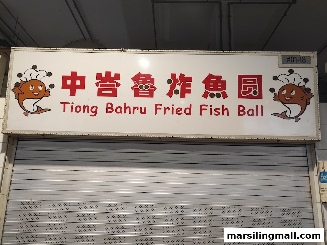 Signboard for Tiong Bahru Fried Fish Ball above a closed shop shutter.