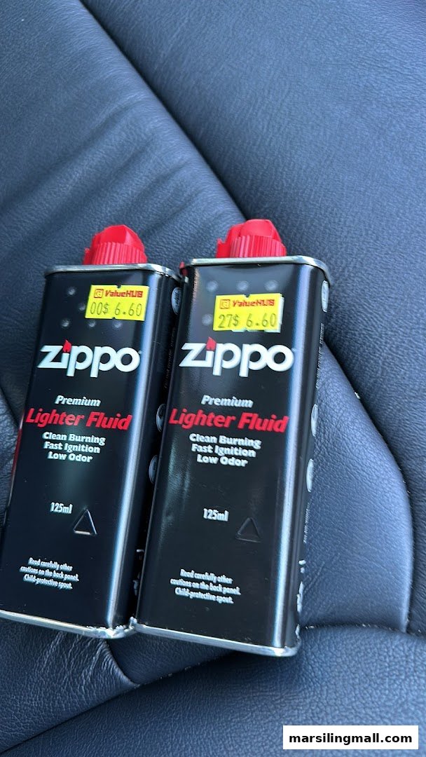 Two Zippo Premium Lighter Fluid cans, 125ml, with ValueHub price tags of $6.60 each.