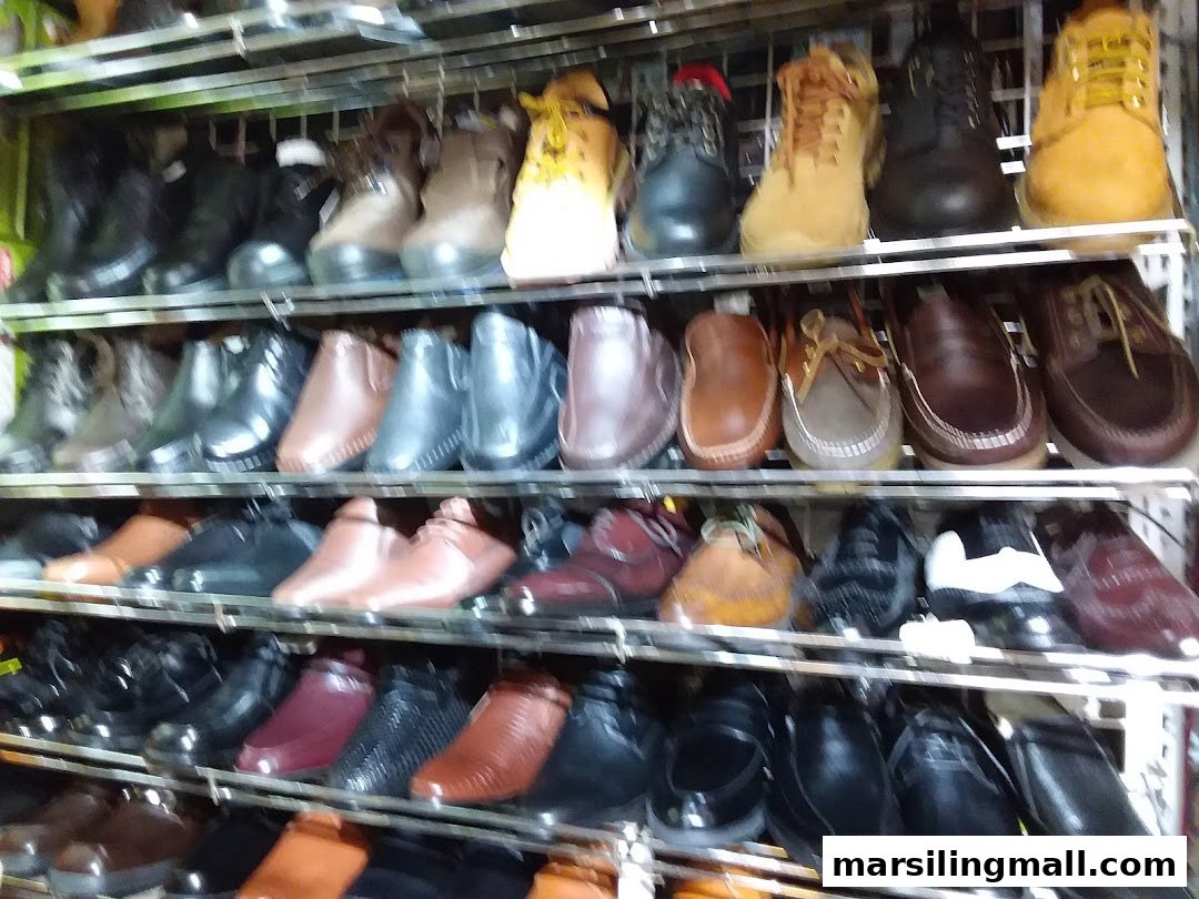 A vibrant display of various shoes, including boots, loafers, and dress shoes, neatly arranged on multiple shelves.