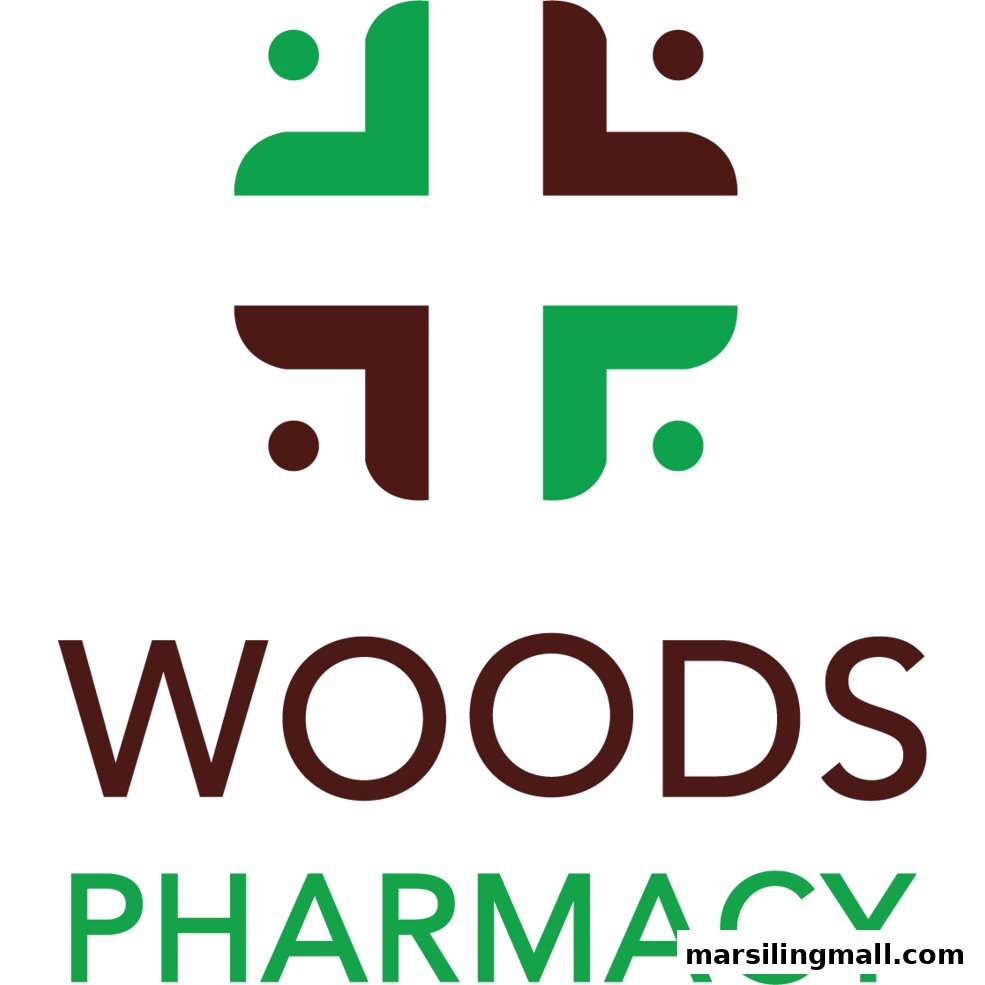 The official logo for Woods Pharmacy Pte Ltd, featuring a stylized cross and brand name.