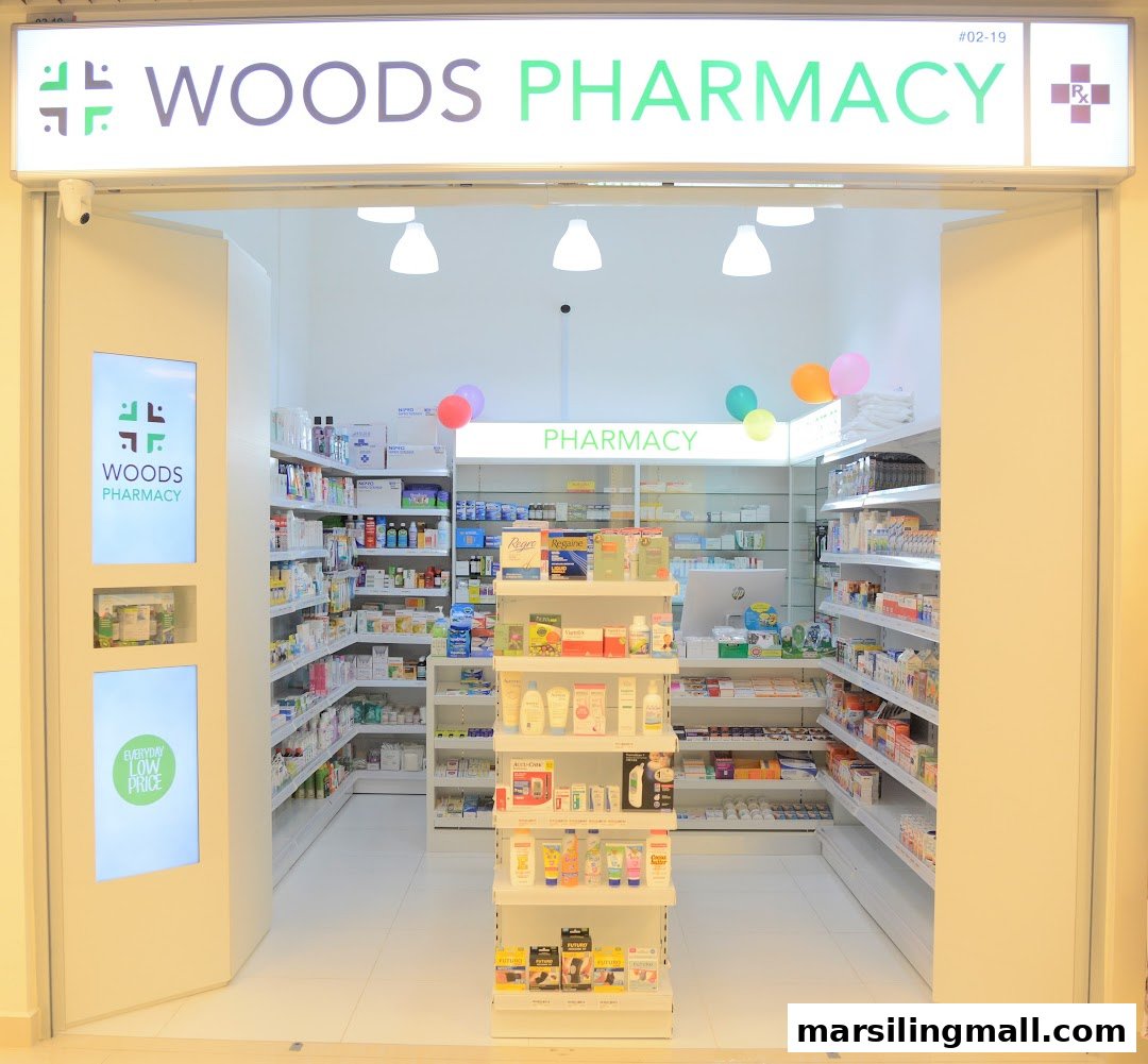 The bright and well-stocked entrance of Woods Pharmacy, showcasing a wide range of health and wellness products.