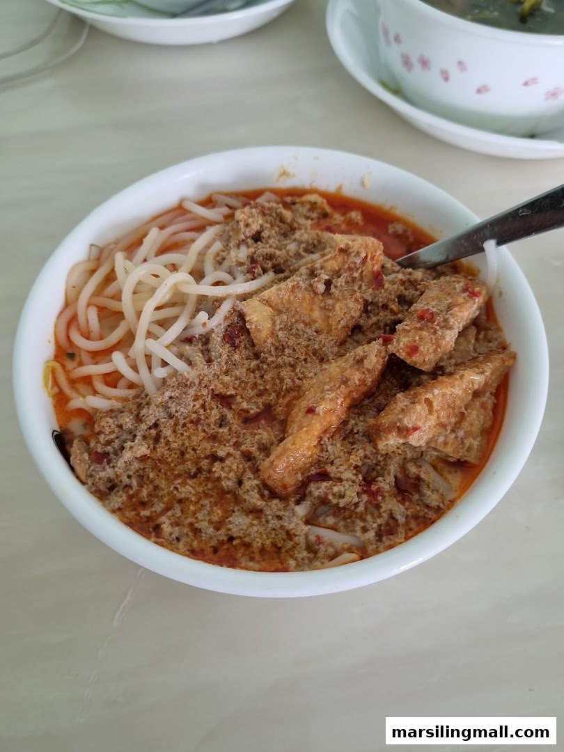 A close-up of a delicious bowl of laksa with noodles, tofu puffs, and rich gravy.