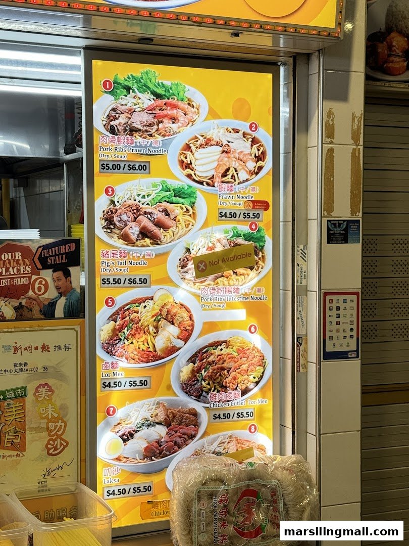 A brightly lit menu board showcasing various noodle dishes and Laksa with prices at Ye Lai Xiang Laksa.