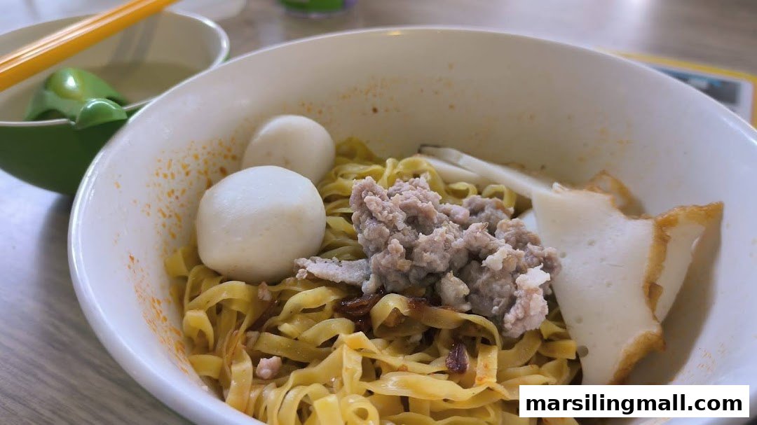 A close-up of a bowl of minced meat noodles with fish balls, minced pork, and fish cake.