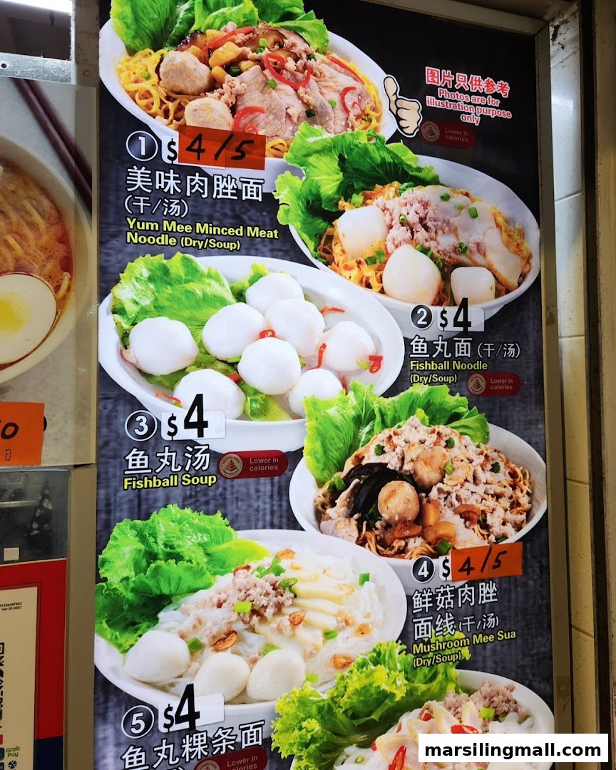 A vibrant menu board displaying various noodle and fishball dishes with prices.