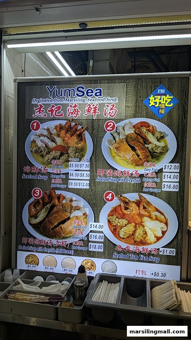 A menu board for YumSea Seafood Soup, displaying various seafood soup options with prices.