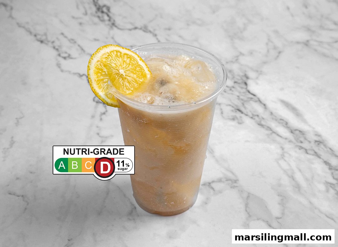 A refreshing iced drink with a lemon slice and Nutri-Grade D (11% sugar) label.