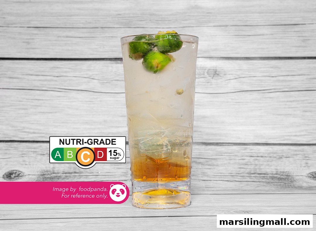 A refreshing calamansi or lime drink with ice and a Nutri-Grade C label.