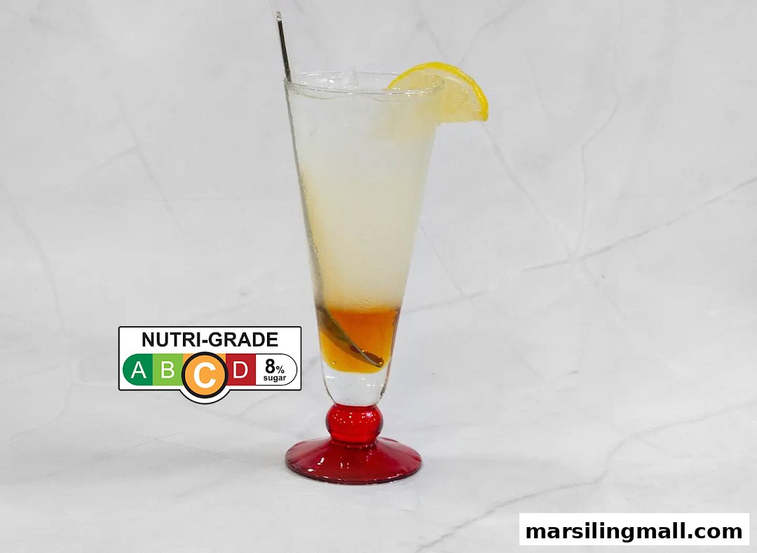 A refreshing layered drink with a lemon slice and Nutri-Grade C label from Zhu Fu Drinks Stall.
