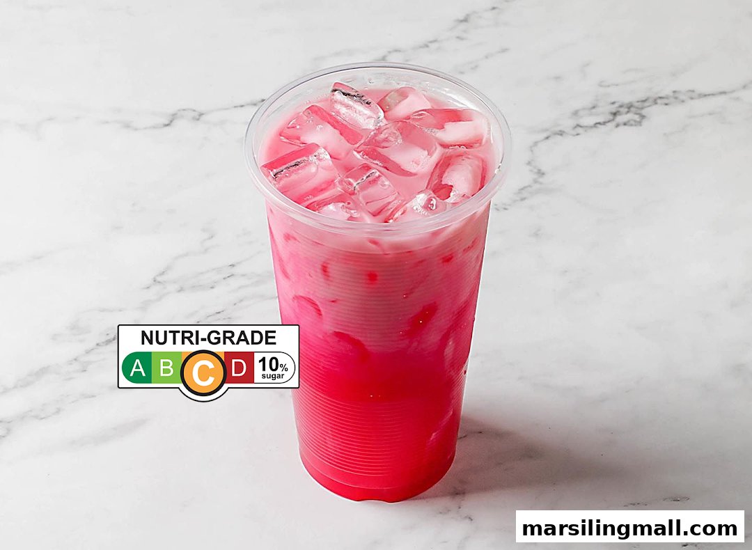 A vibrant pink layered drink with ice and a Nutri-Grade C label, indicating 10% sugar.