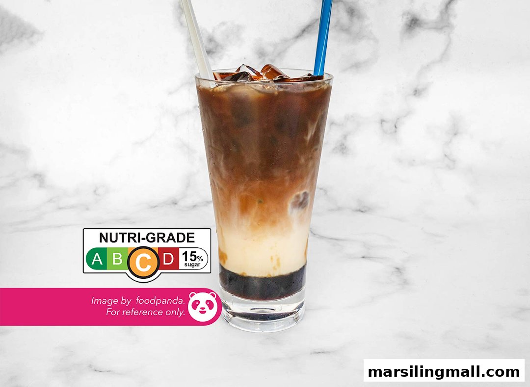 A refreshing layered iced coffee or tea drink with a Nutri-Grade C label and 15% sugar.