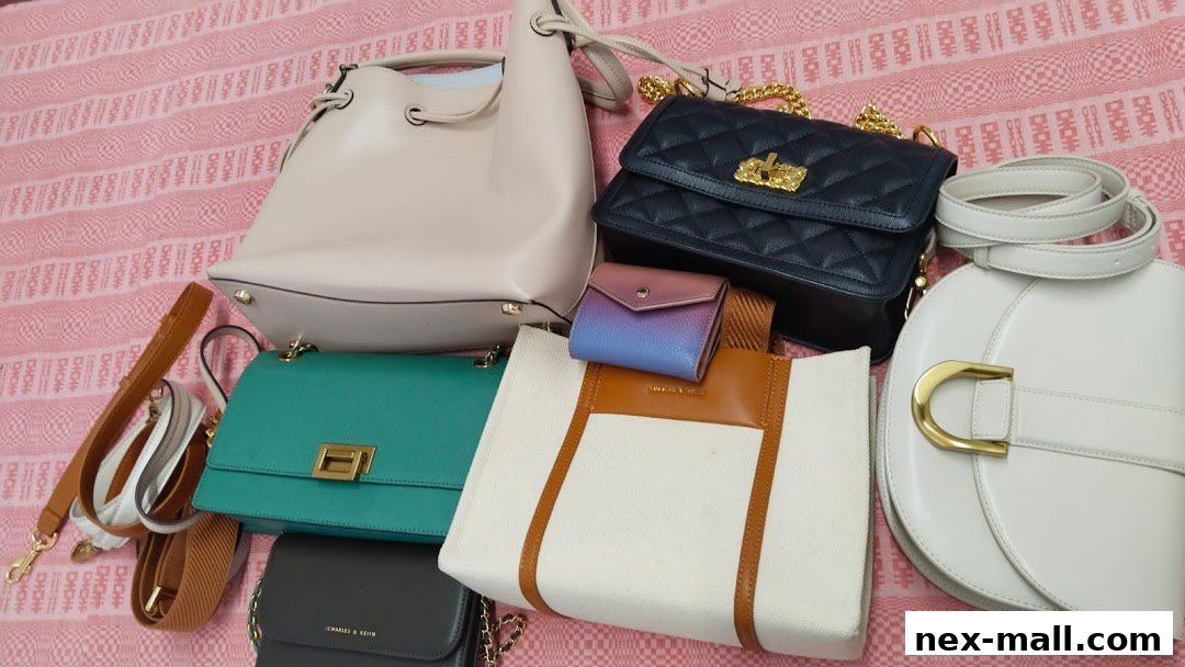 A collection of stylish handbags and a wallet in various colors and designs.