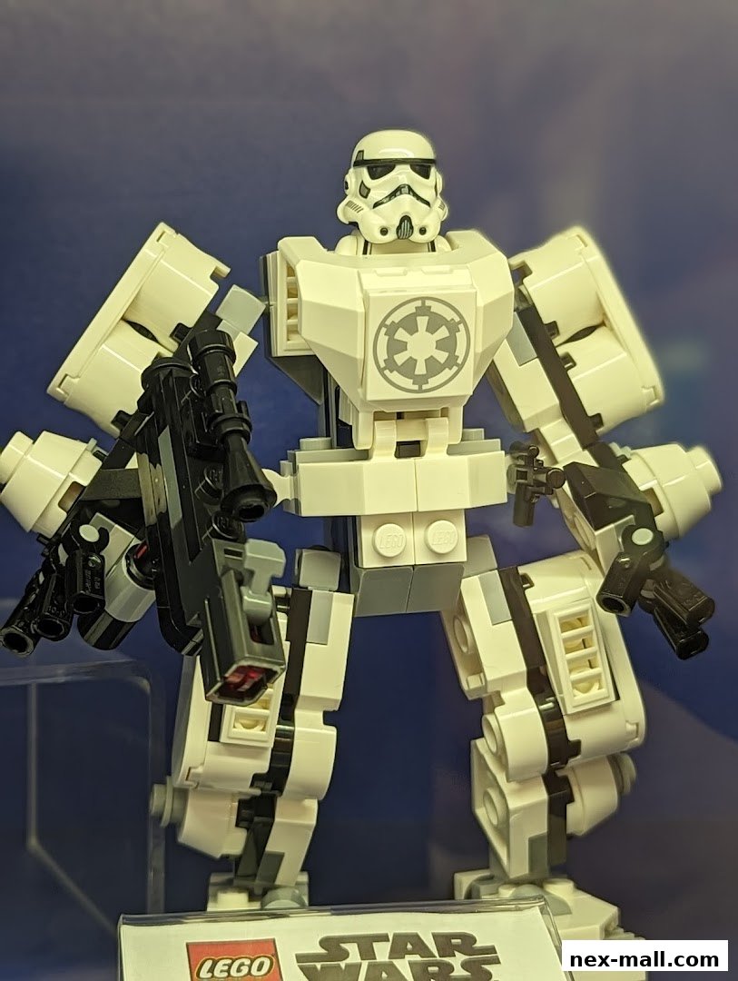 A LEGO Star Wars Stormtrooper mech model with weapons displayed.