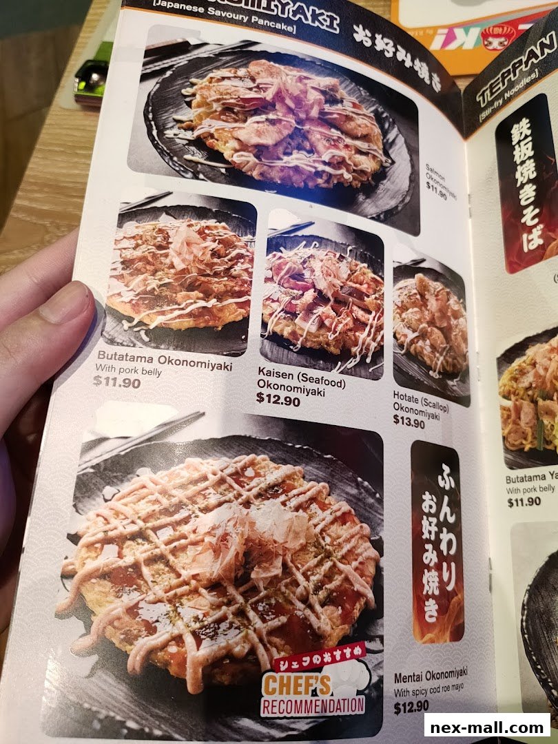 A menu page showcasing various Okonomiyaki dishes with prices and descriptions.